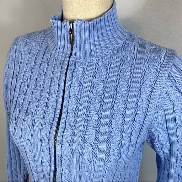 LL Bean Blue Double L Mixed Cable Knit Zip Front Cotton Cardigan Size MP - Picture 2 of 10